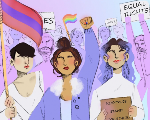 Illustration of women holding signs that say Equal Rights and Unity