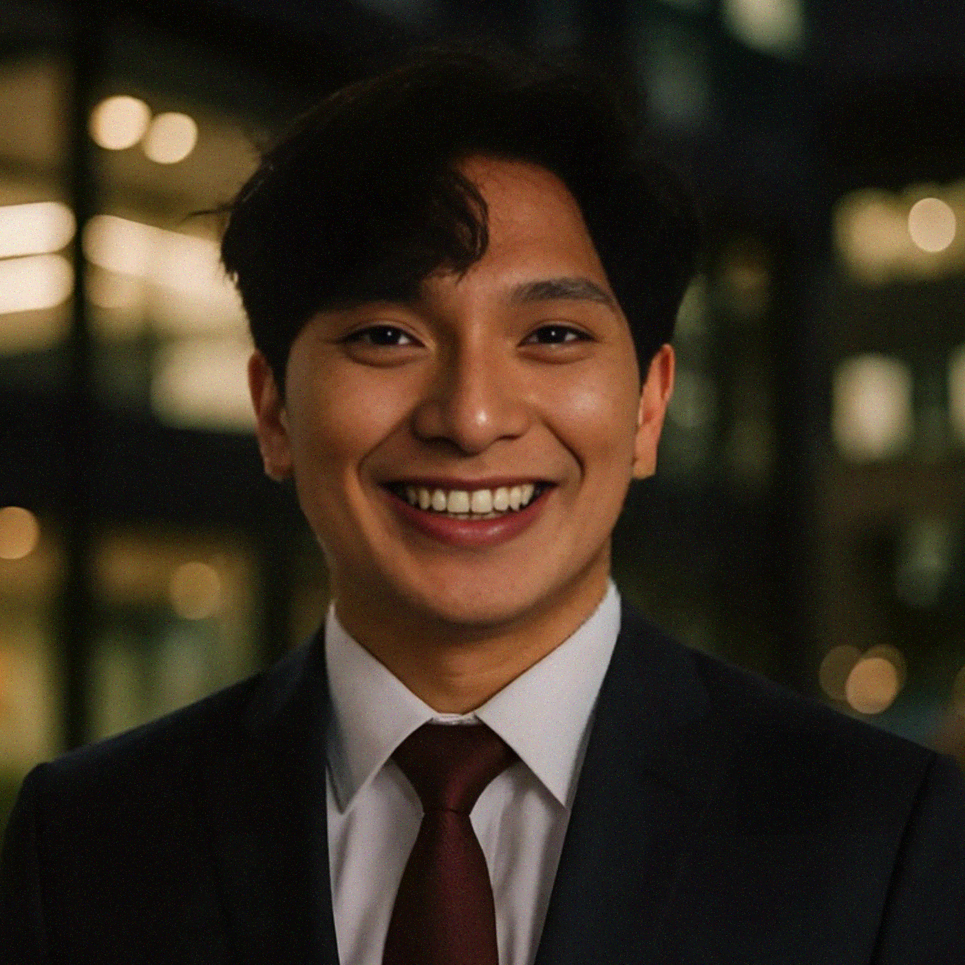 A smiling young man in a suit, standing outdoors at night with blurred city lights in the background.