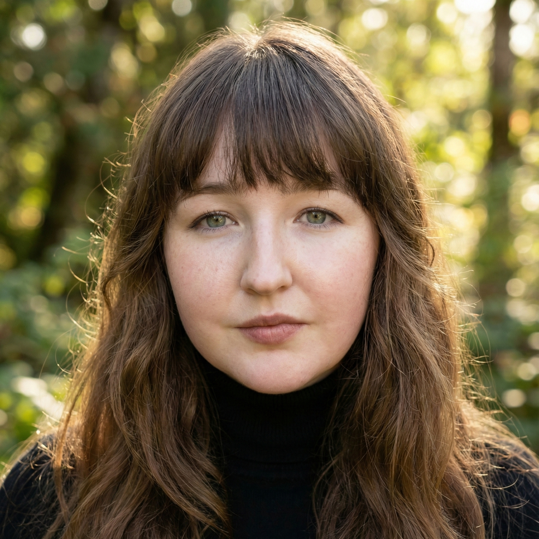 Portrait of a woman with long, wavy brown hair and a neutral expression, set against a softly blurred green background.